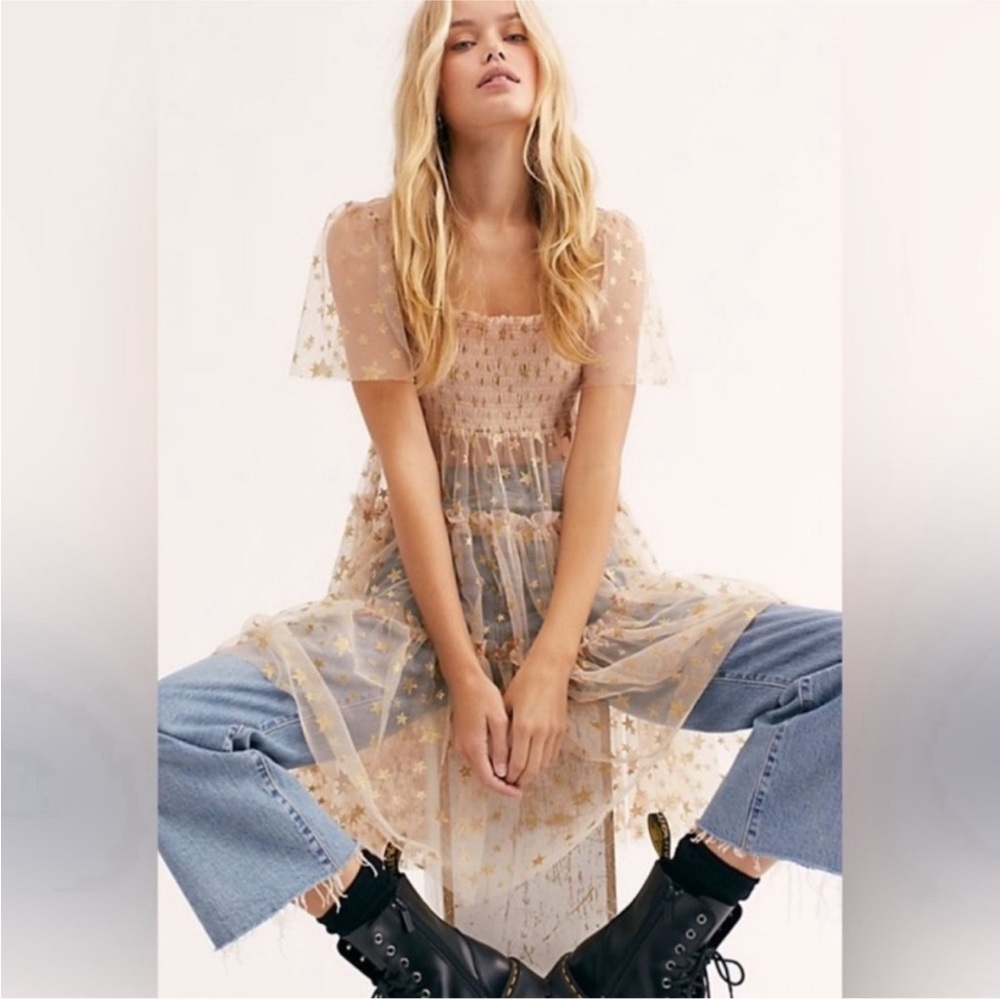 NWT Free People Starbright Glitter Smocked Tunic Top